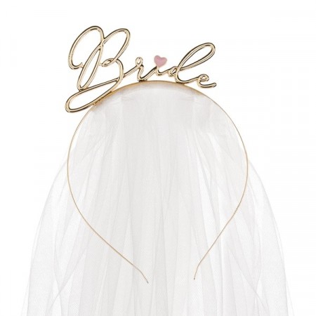 Headband Bride Gull med hvitt slør ca 50cm