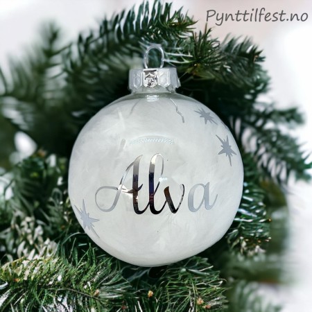 Julekule med personlig navn Blank med Fjær/sølvtekst 7cm