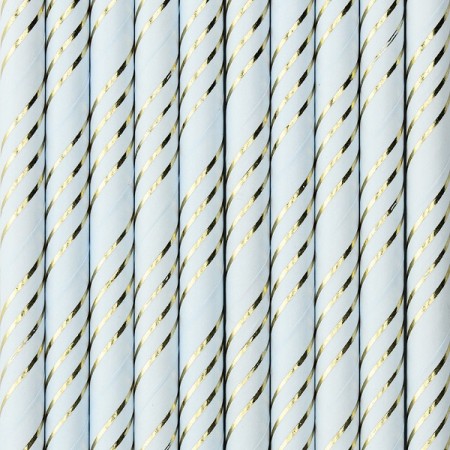 Papirsugerør light blue/gull striper 19.5cm 10stk