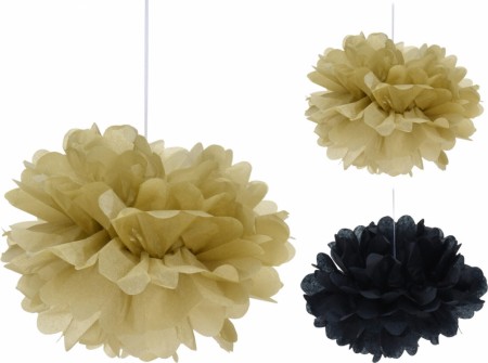 PomPoms gull/sort 15/20/25cm 5stk