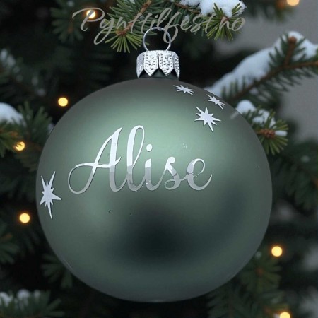 Julekule med personlig navn SageGreen/sølvtekst 8cm