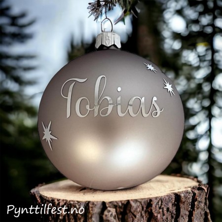 Glass Julekule med personlig navn NaturalLinen/sølvtekst 8cm