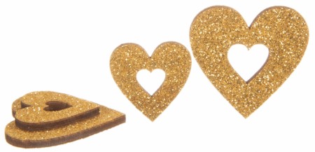 Trehjerte med gullglitter 24stk
