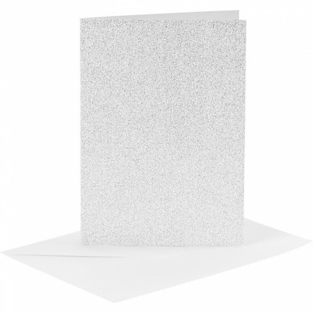 Kort og konvolutter 10,5x15/11,5x16,5cm 4sett Glitter Sølv