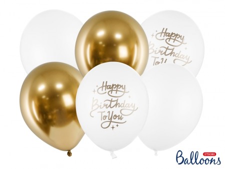 Ballonger Happy Birthday To You 6stk 30cm Gull/hvit